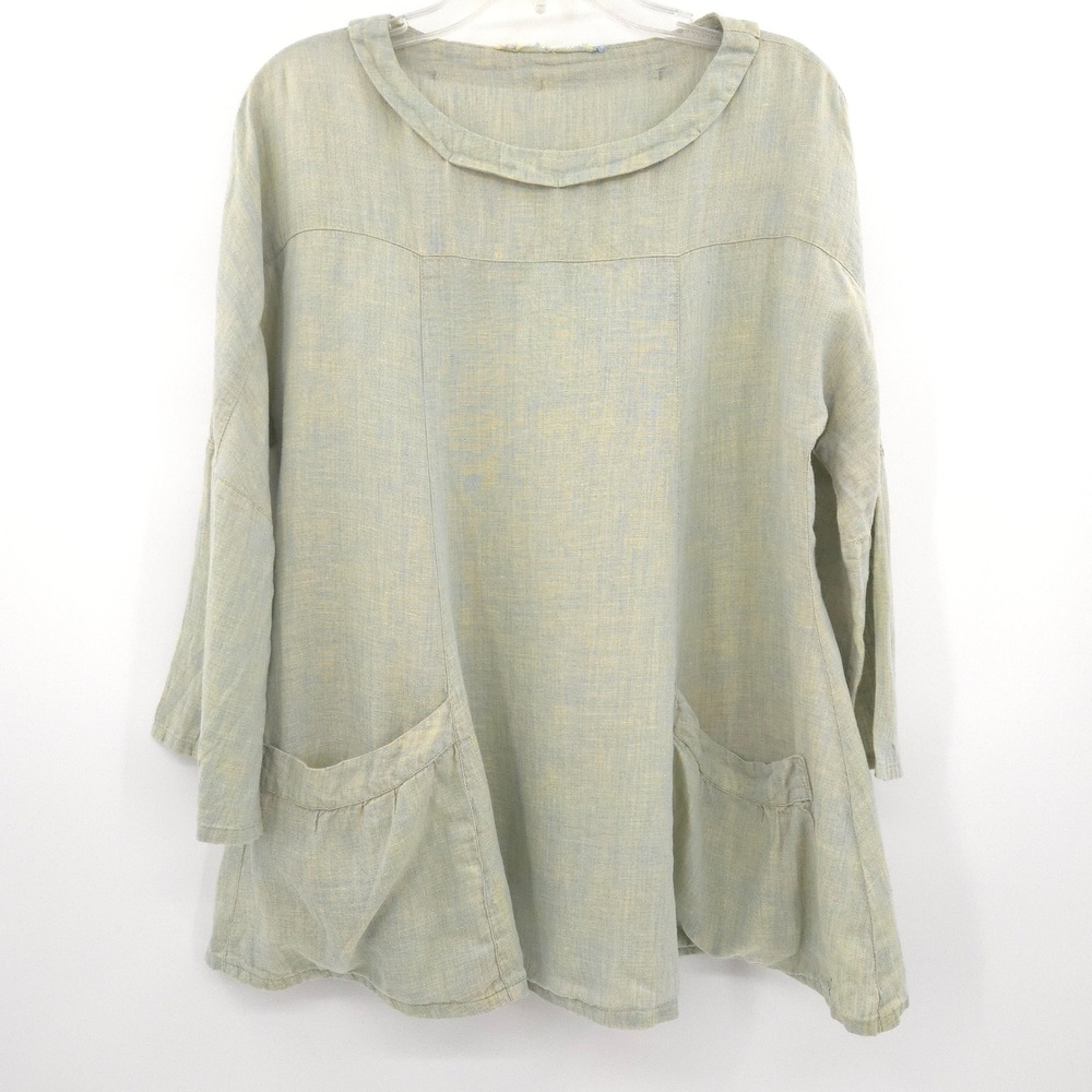 Yuvita Tunic 100% Linen Top Women Size M Blue Yellow Lagenlook Pocket Blouse